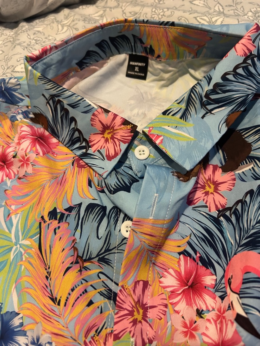Men's Light Blue Tropical Button-Down Shirt with Pink and Brown Motif - Picture 3 of 4
